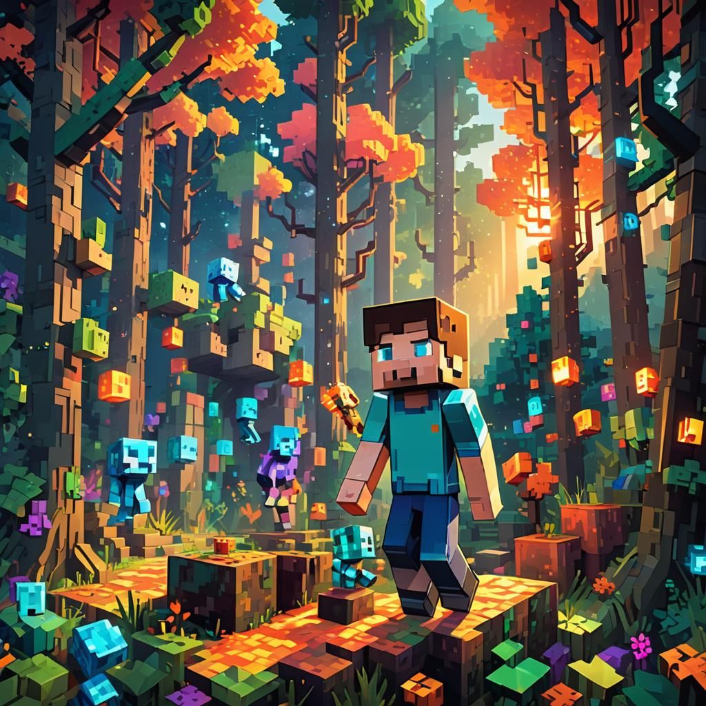 Minecraft Character in Vibrant Anime Pixel Art Forest