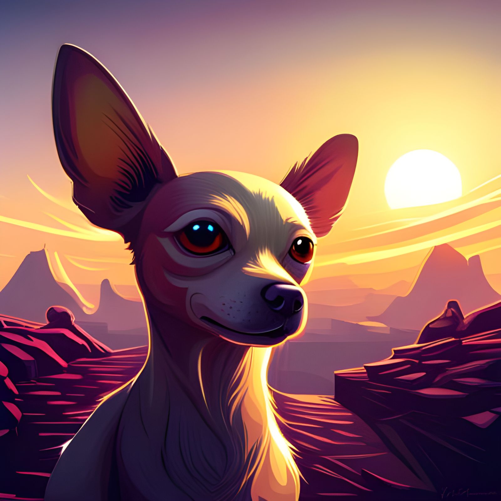 Monumental Cybergrunge Chihuahua in Surreal Sunrise Lighting