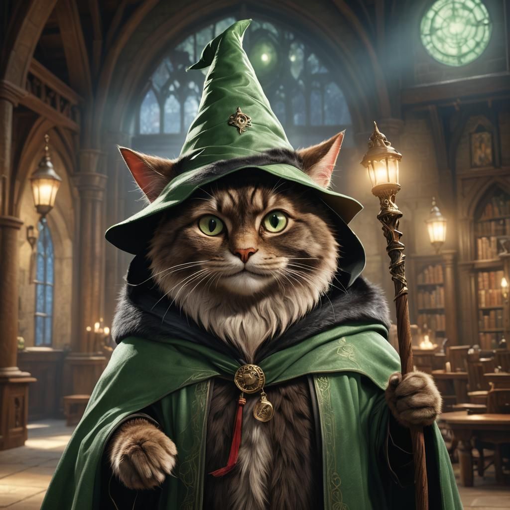 Burmese Cat Wizard in Hogwarts, Hyperdetailed Fantasy
