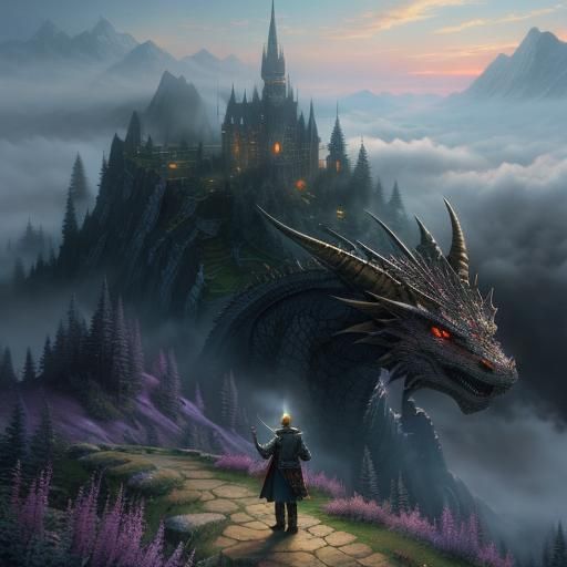 Ethereal Dragon Lord in Misty Fantasy Landscape