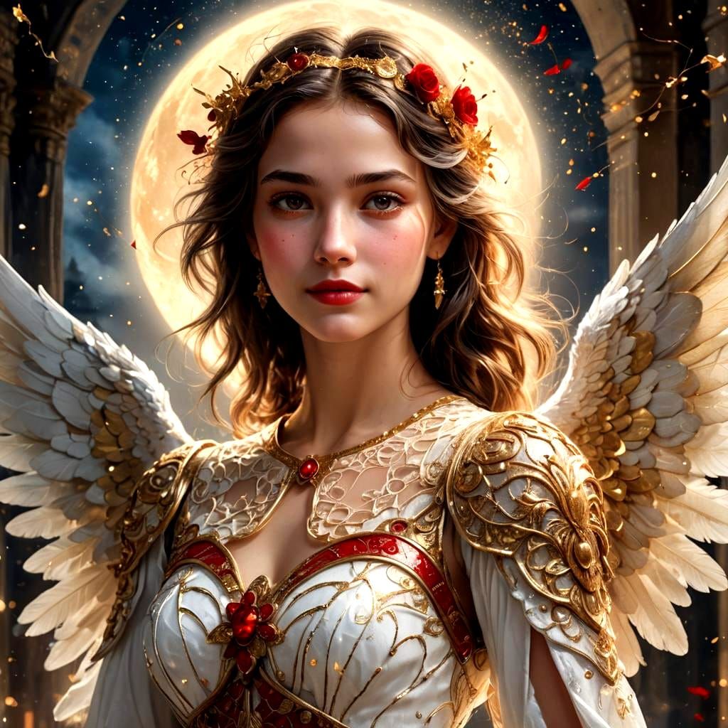Beautiful Angel with Gold and Red Dress