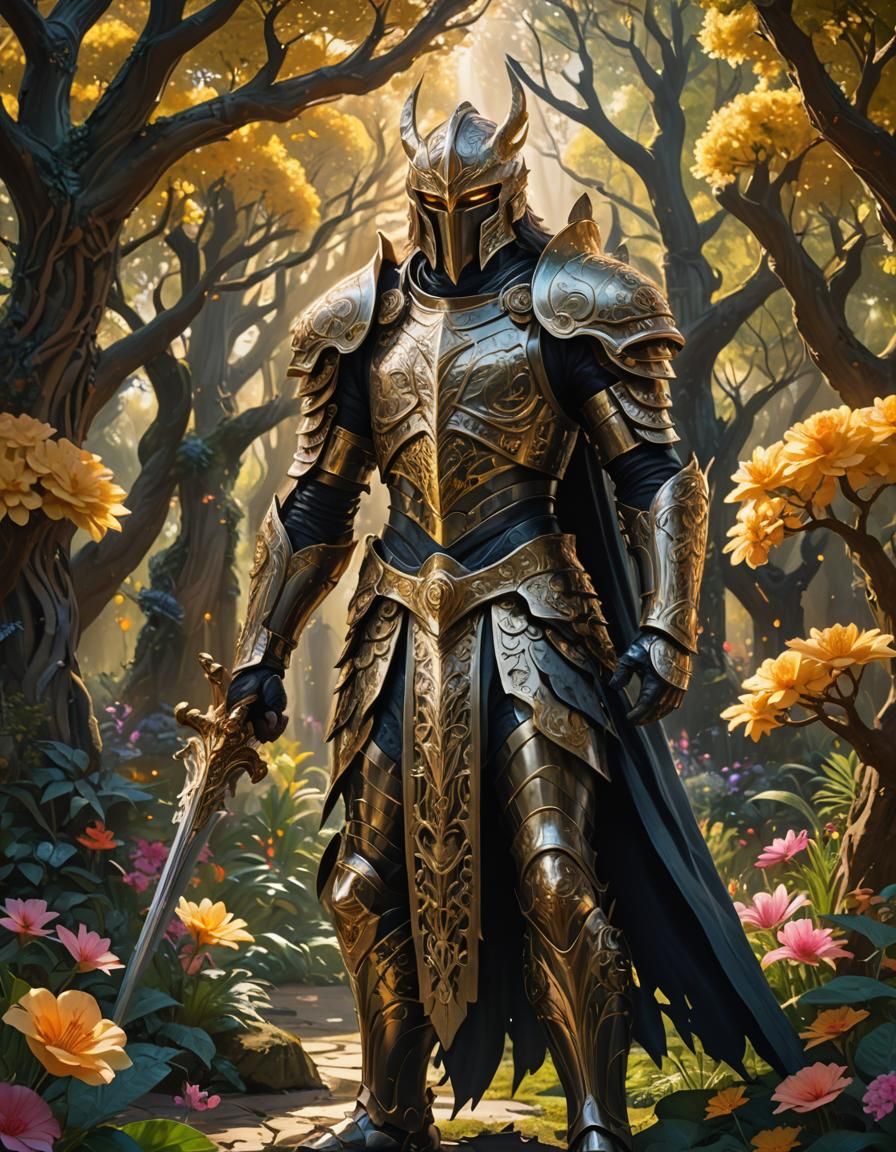 Armored Warrior in Ethereal Glowing Garden
