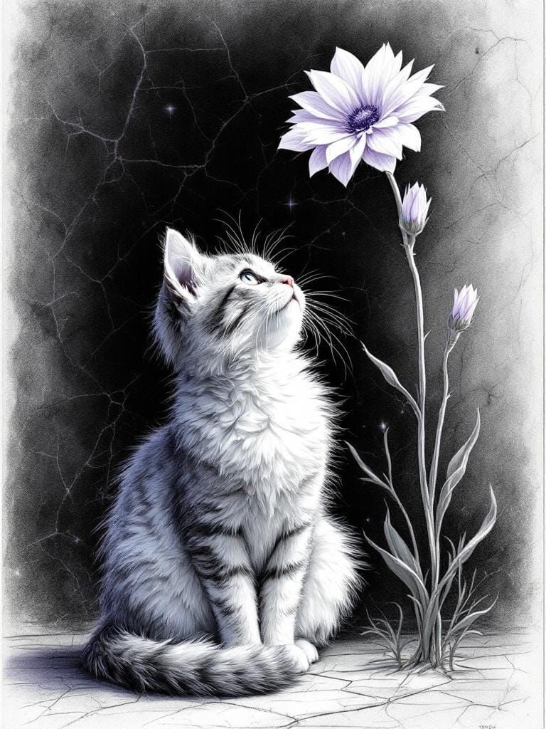 Cat Under Flower in Da Vinci/Sargent Pencil Style