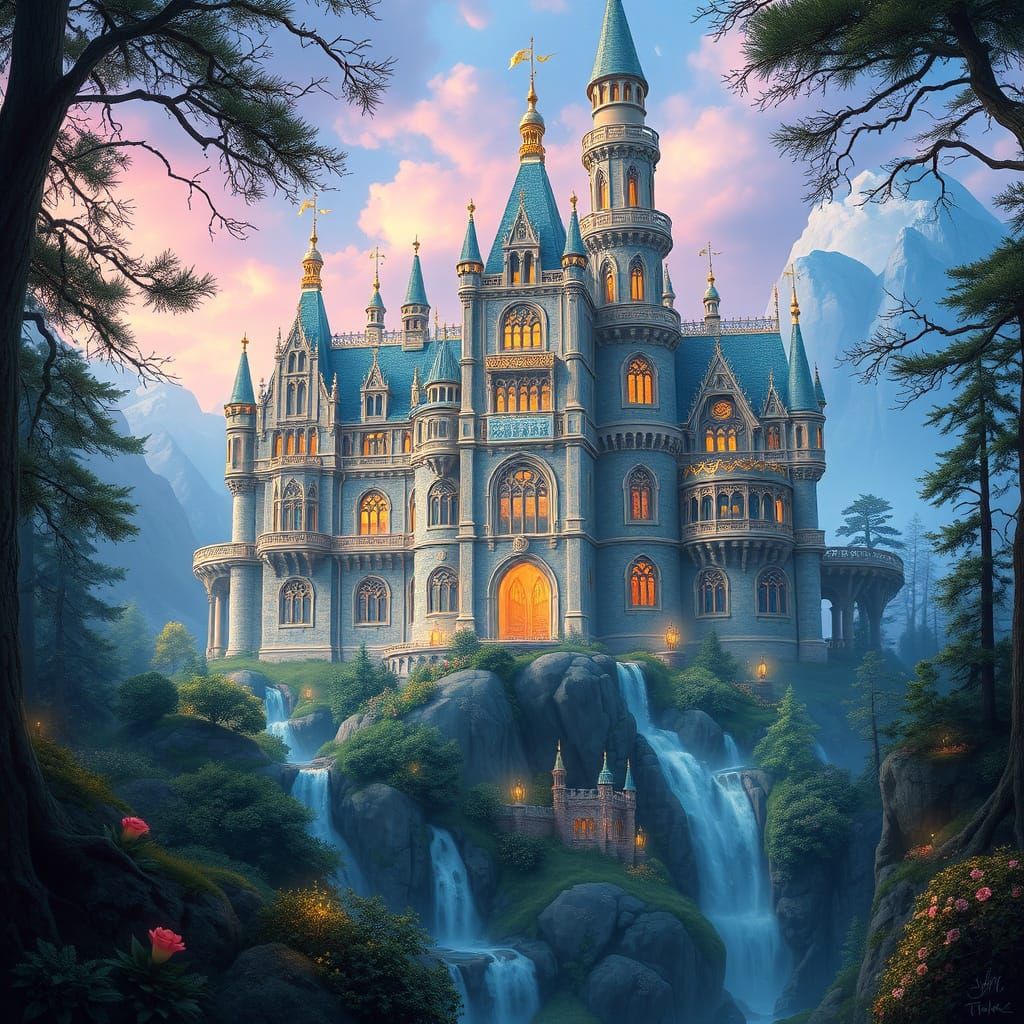 Magical Castle in Mystical Forest, Fantasy Art Style