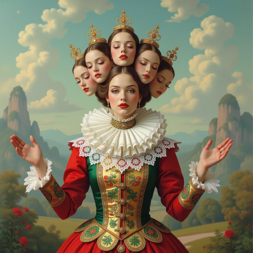 Figure with Many Heads and Arms in Dreamlike Style