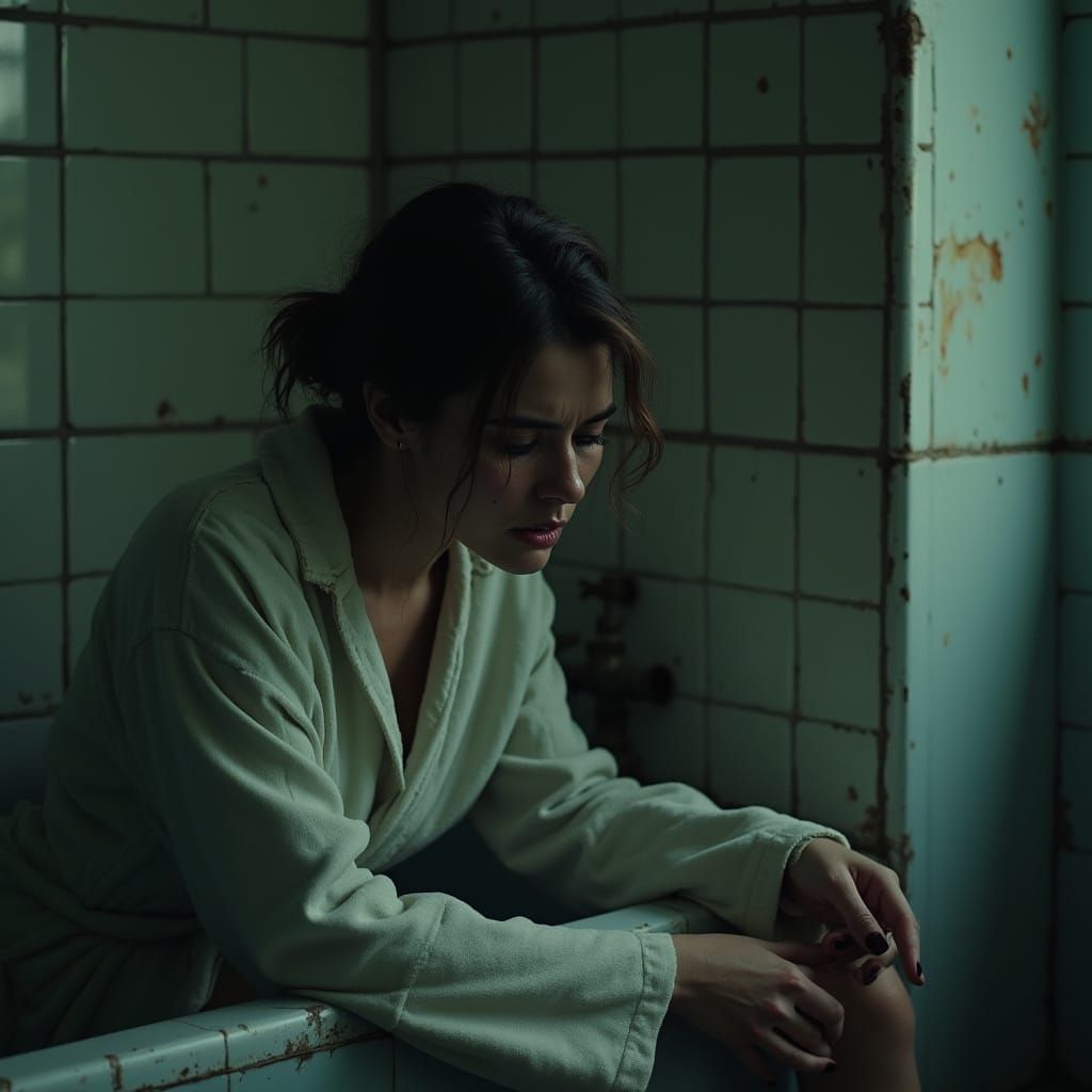 A Woman's Desperate Moment in a Faded Bathroom