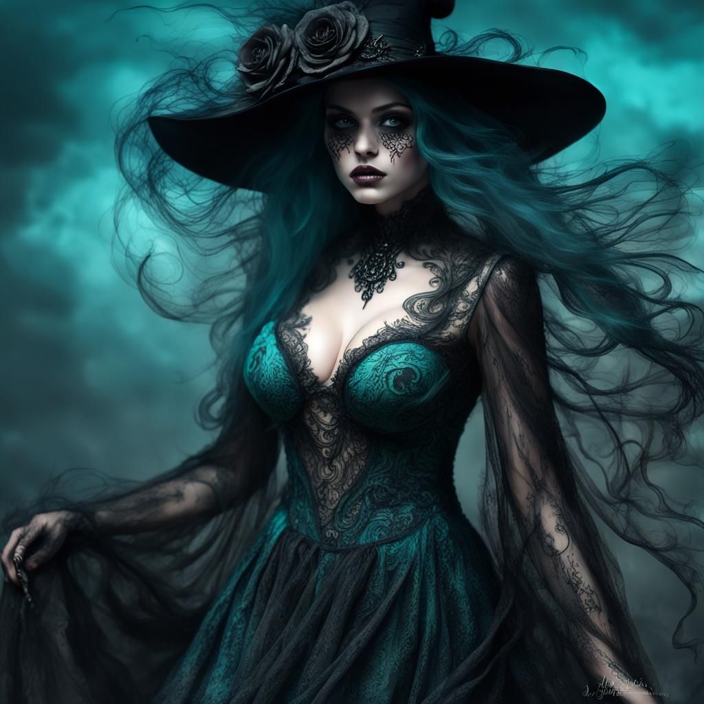 Cursed Witch in Black Dress with Undead Aura