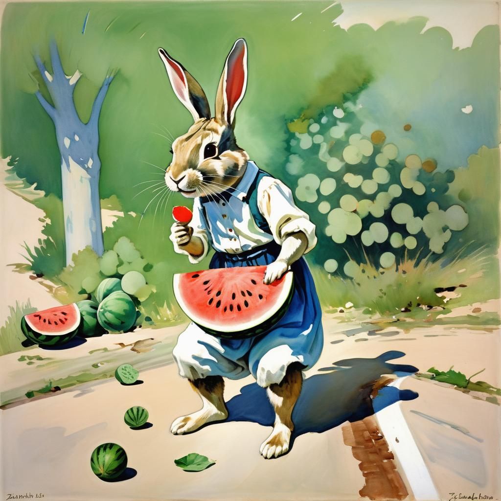 Rabbit Overeats Watermelon in Classic Portrait Style