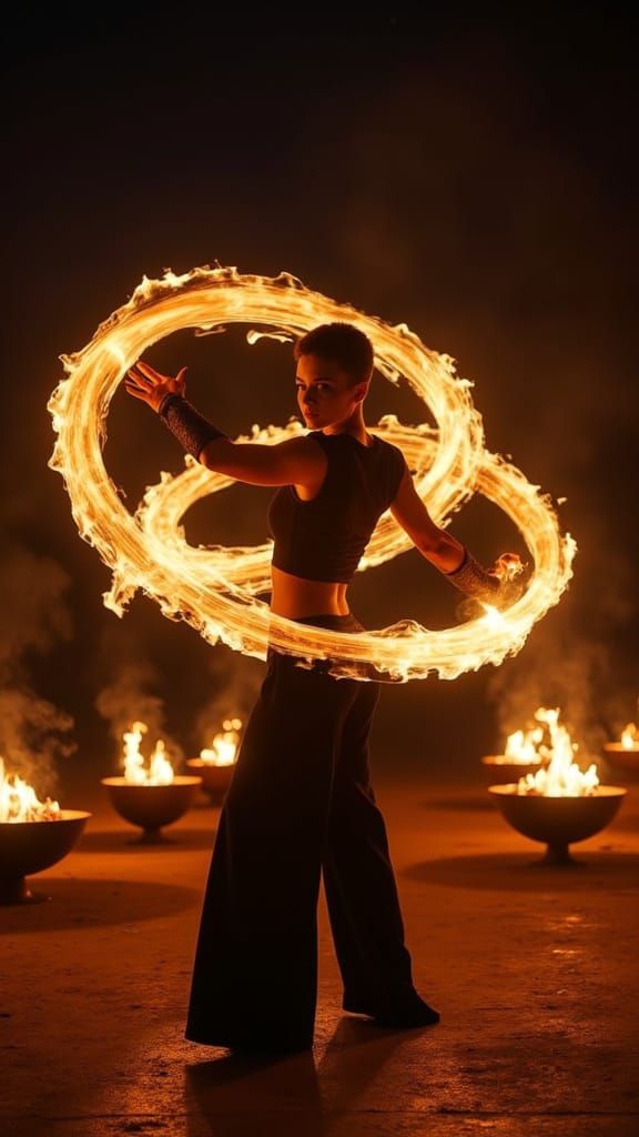 Fire Dancer Ignites the Night in a Black Void