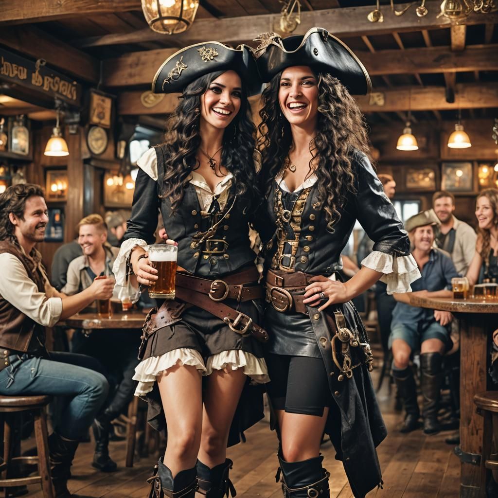 Female Pirate in Tavern with Beer and Sword
