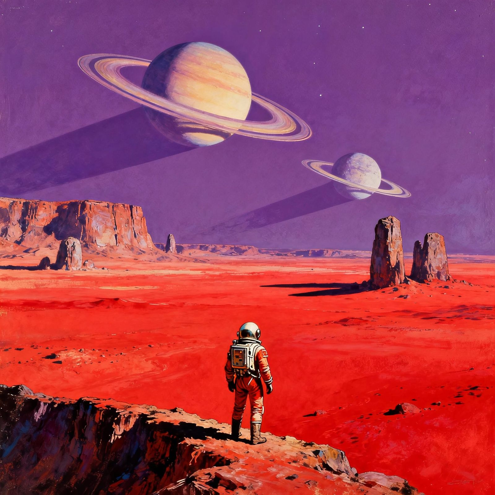Astronaut on Crimson Alien Desert Under Ringed Planets