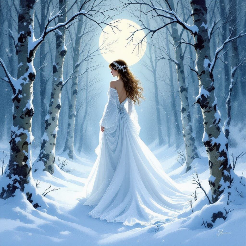 Ethereal Ice Queen in Snowy Forest, Soft Oil-Gouache Style