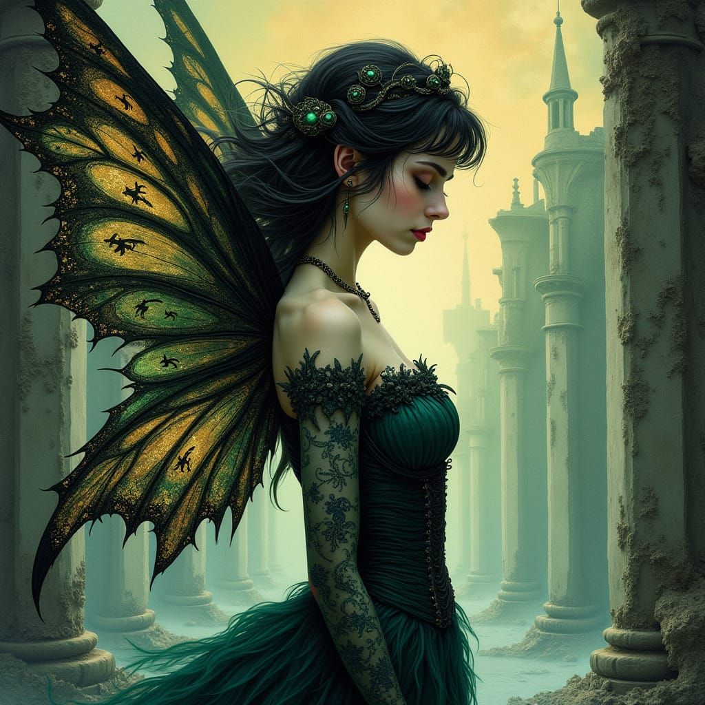 Victorian Widow Fairy in Arsenic-Stained Watercolor