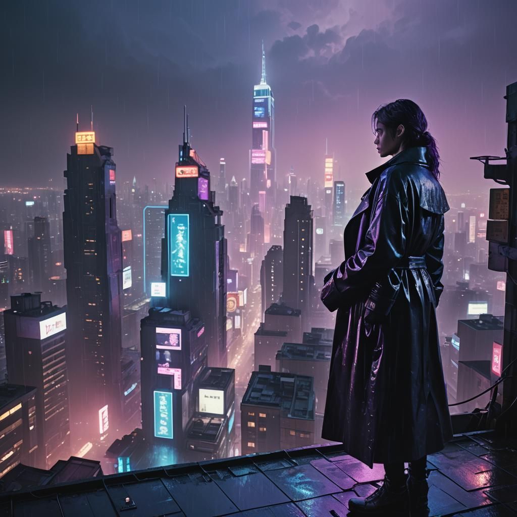 Cyberpunk Woman Gazing Over Neon Cityscape