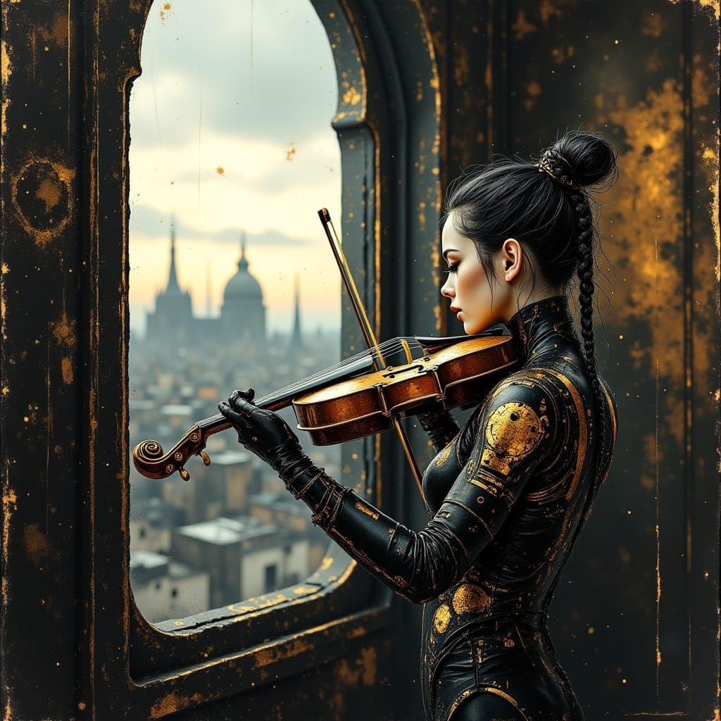Steampunk Cyborg Violinist in Industrial Setting