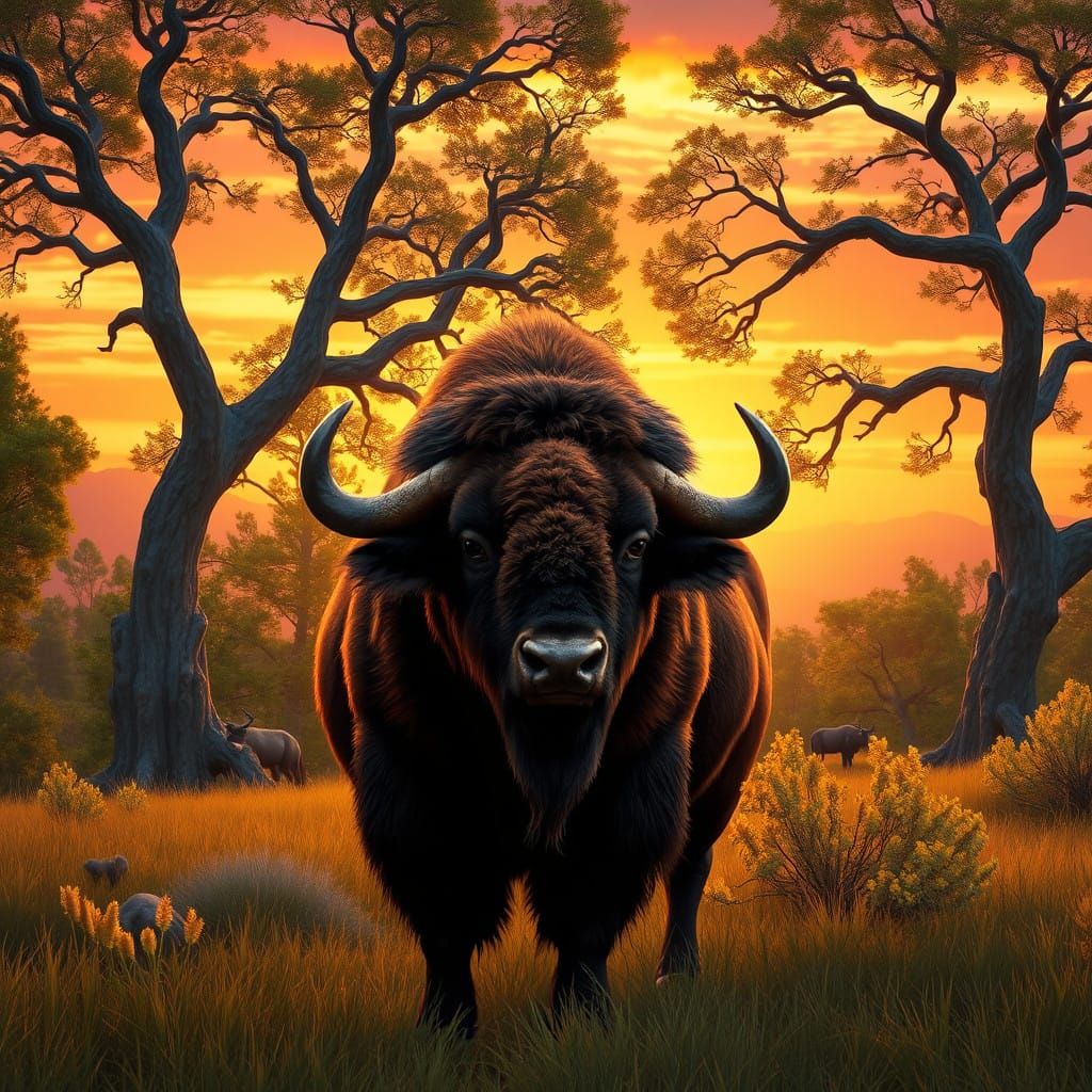 Country landscape with a bison and trees