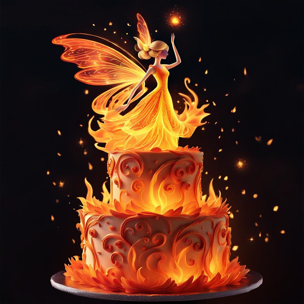 Fire Fairy Dances Atop Cake Made of Flames
