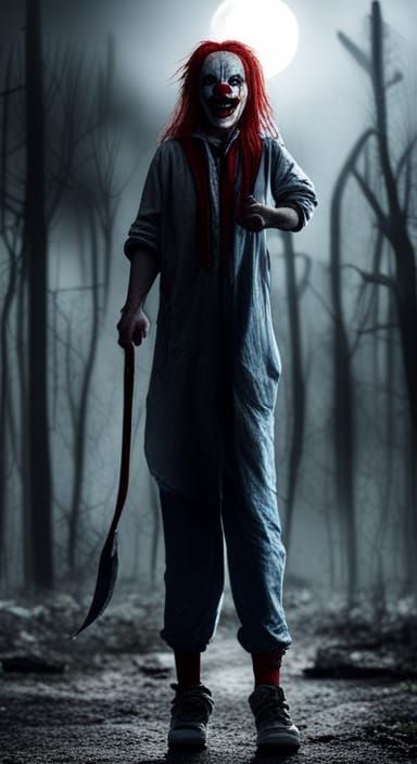 Sinister Tween Clown in Horror Movie Woods