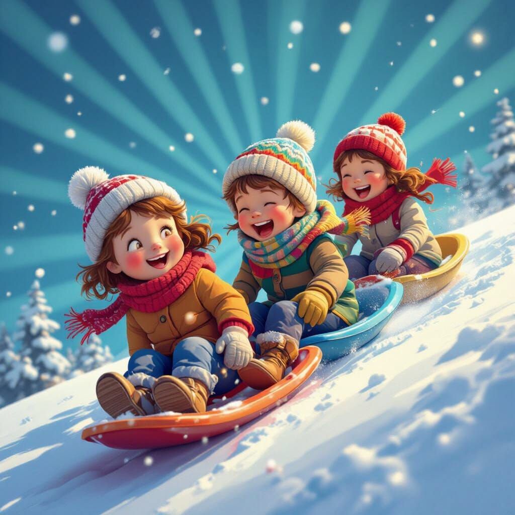 Children Sledding in 1960s Book Illustration Style