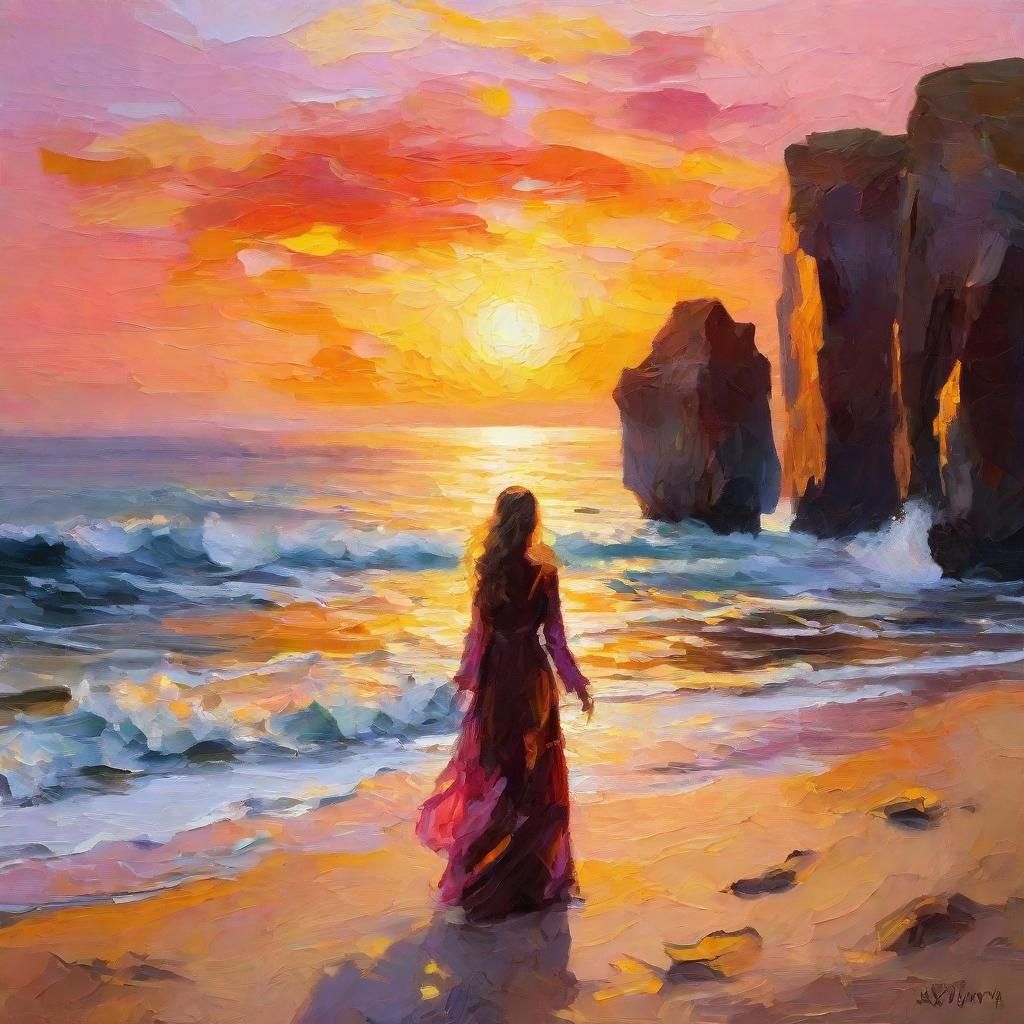 Beach Sunset: Impressionistic Fantasy Art in Digital Oil