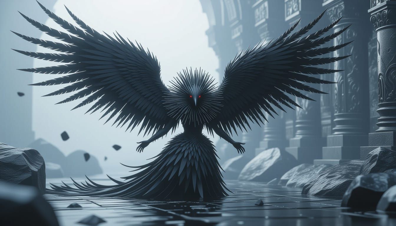 Cyber Harpy with Quill Feathers in Monochromatic Gray