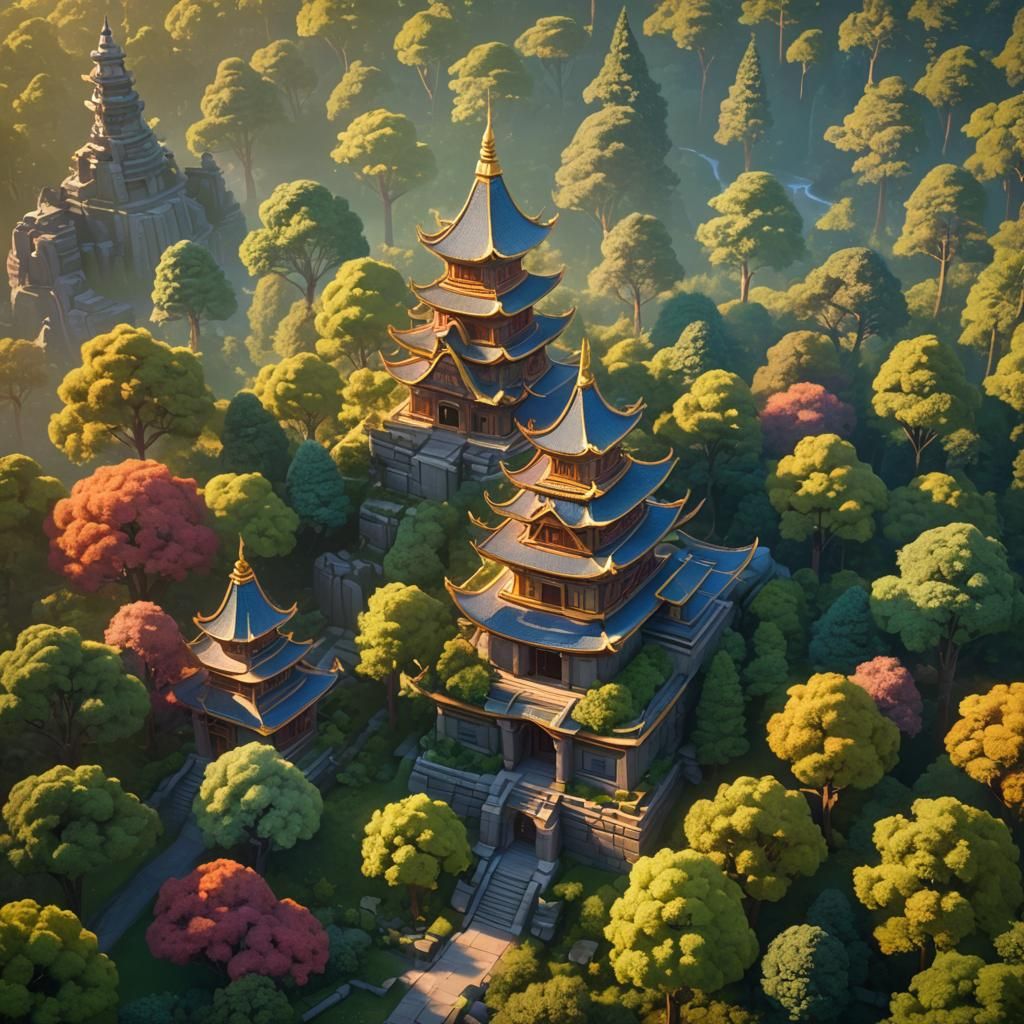 Serene Temple in Trees: Pixar-Inspired 3D Art