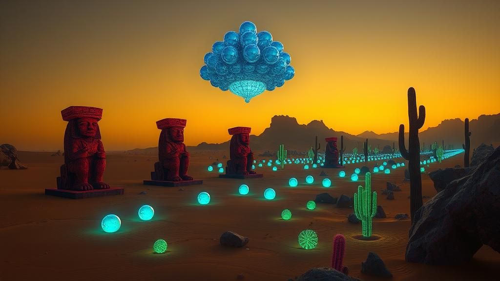 Desert Aztec Sculptures with Iridescent Orbs