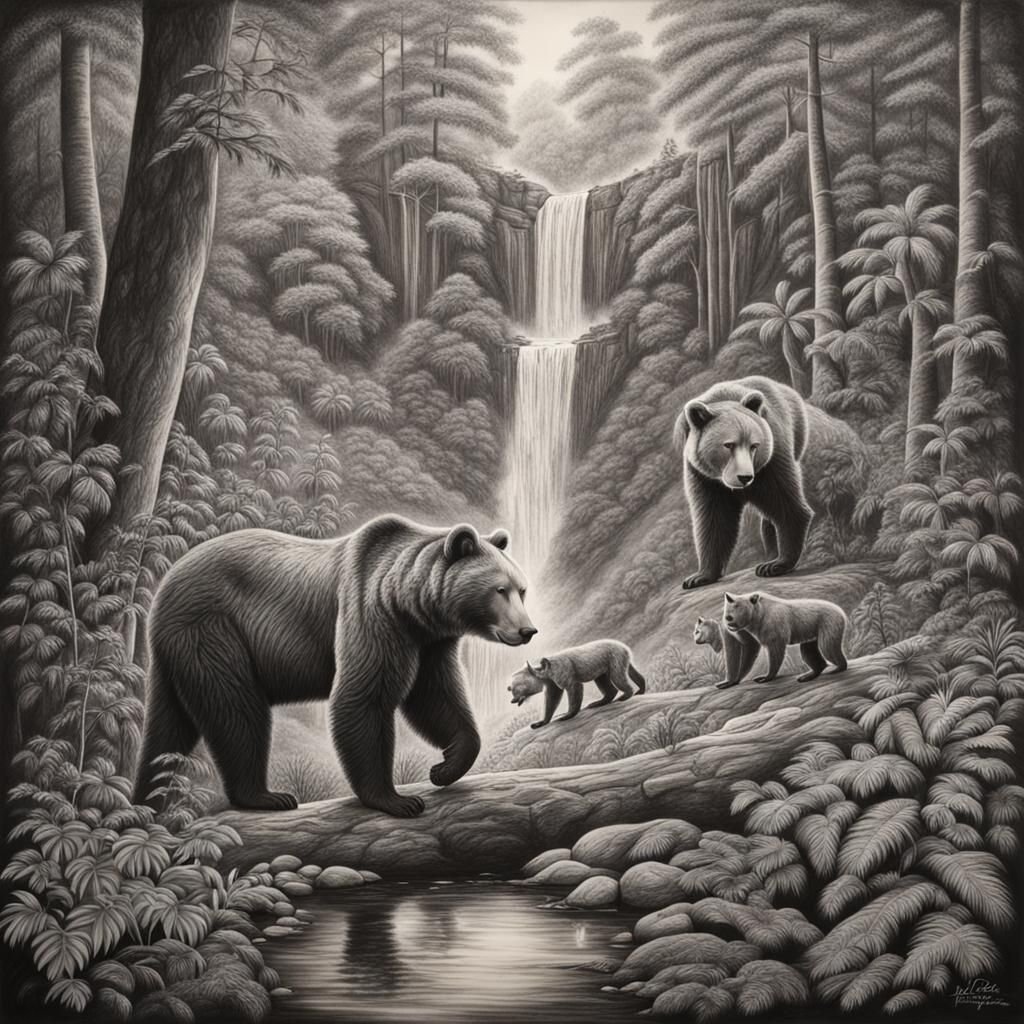 Rainforest Wildlife Scene in Detailed Charcoal Style