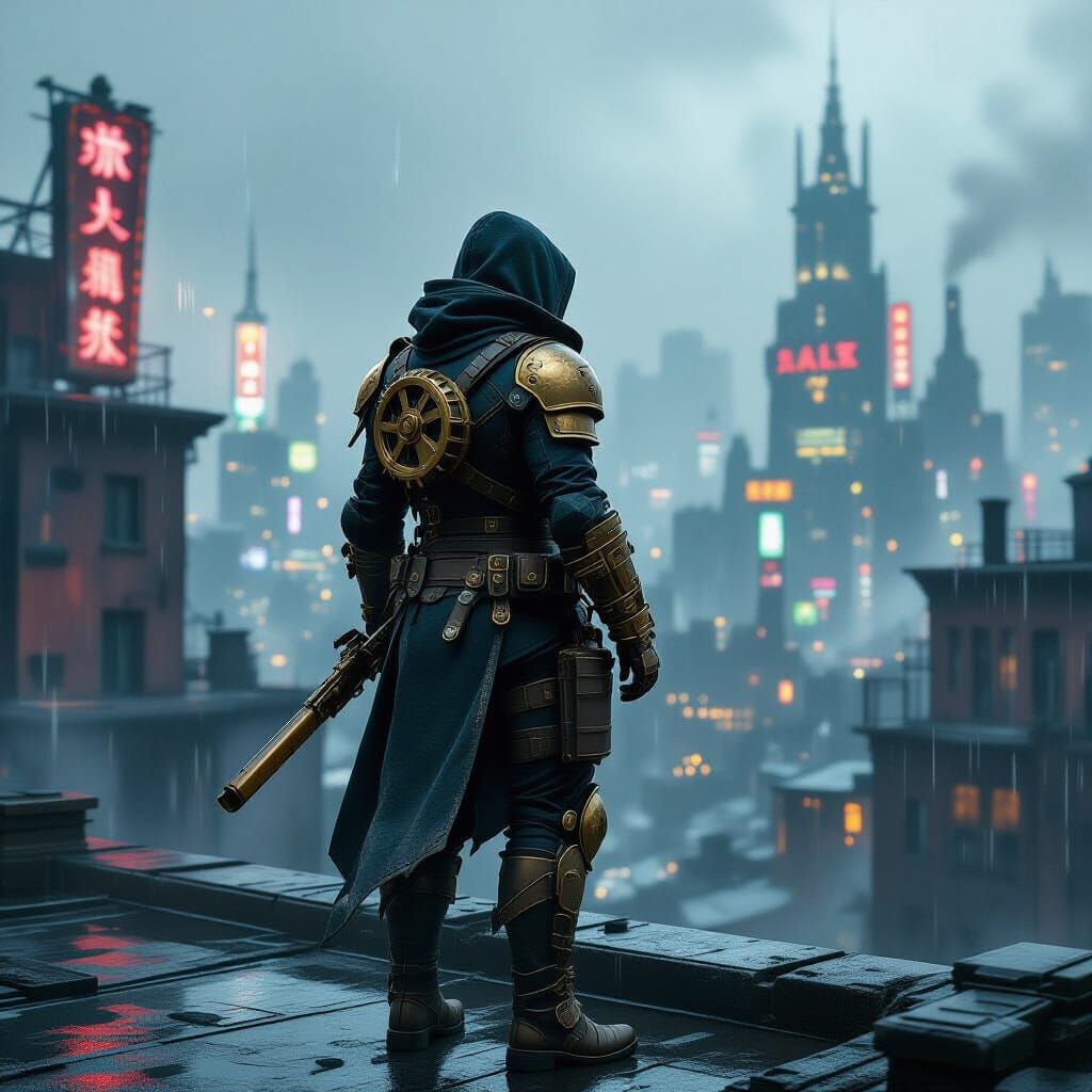 Steampunk Bounty Hunter on Rooftop in Gritty Metropolis
