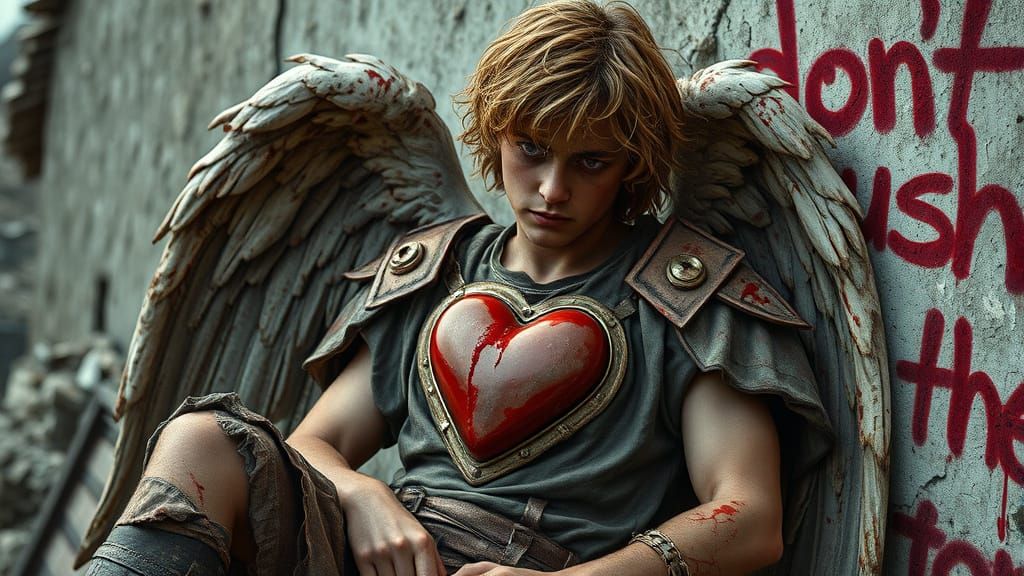 Battle-Worn Angel Slumps Against Ruined House Wall