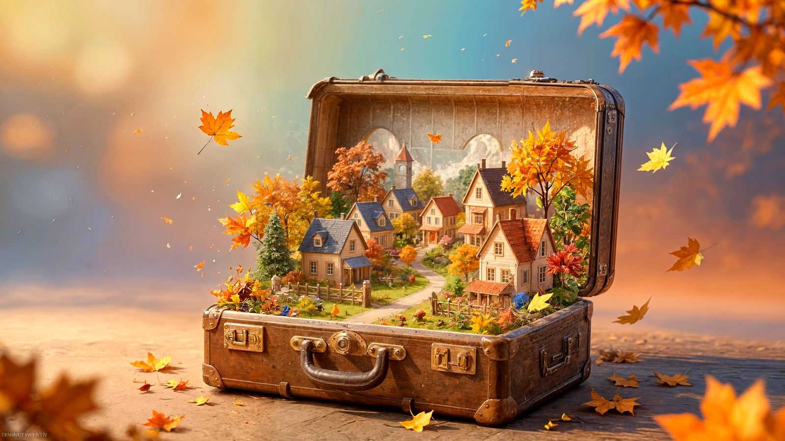 Vintage Suitcase Opens to Miniature Autumn Village