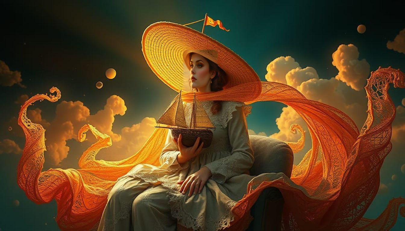 Woman with Miniature Ship Hat and Lace Waves