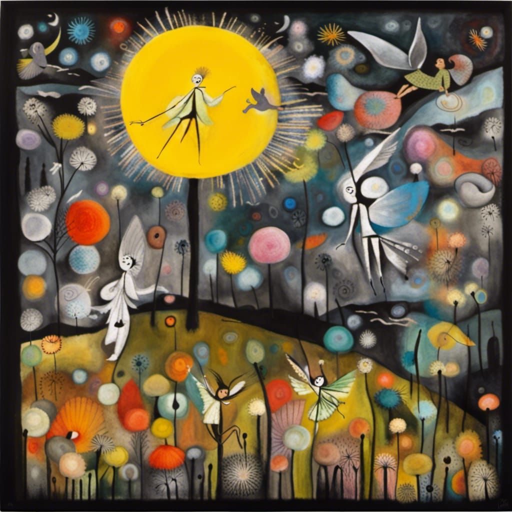 Winged Fairies in Dandelion Dreamscape, Surreal Art