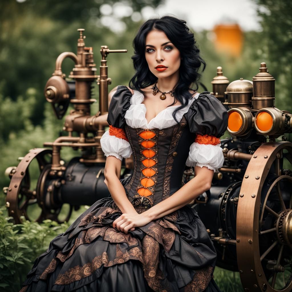 Woman with Steampunk Engine in Garden