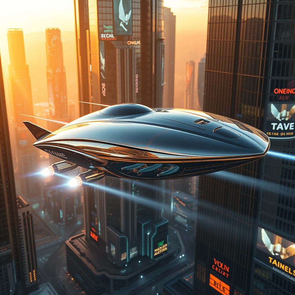 Sleek Flying Vessel Takes Off into Futuristic Cityscape