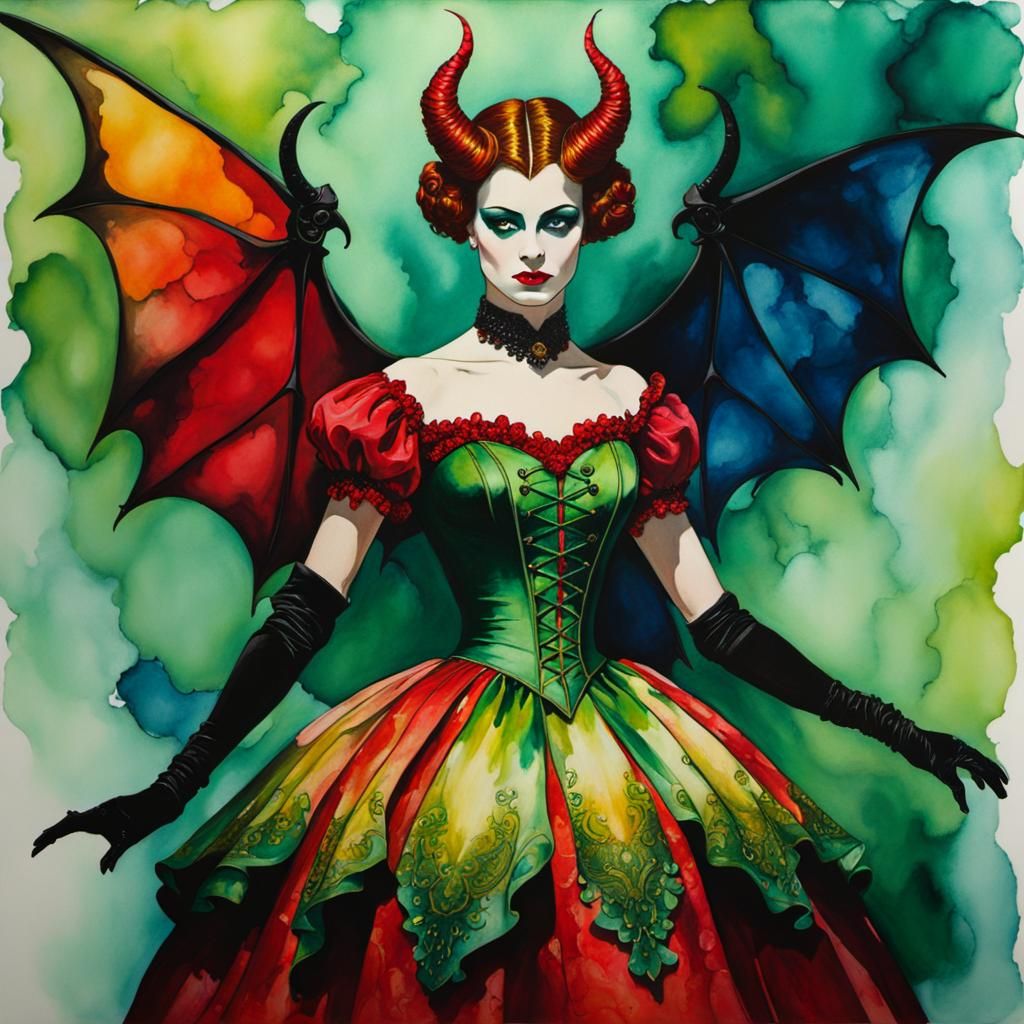 Elegant Demon Dress Shopping in Cel-Shaded Alcohol Ink