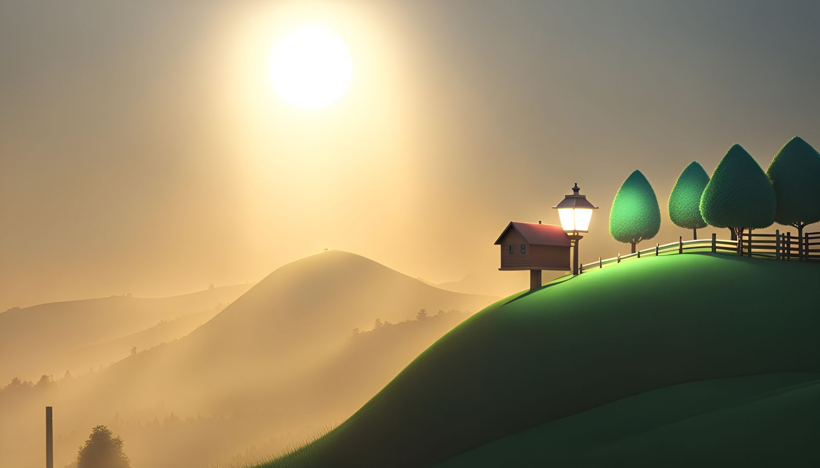 Sunset House on Grassy Hill: 8K Resolution Concept Art