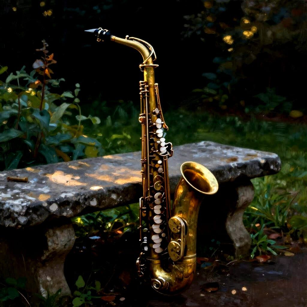 Saxophone on Stone Bench in Dark Painterly Garden