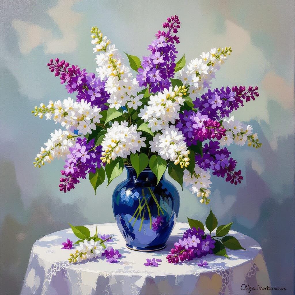 Lilac Bouquet in Impressionistic Impasto Style