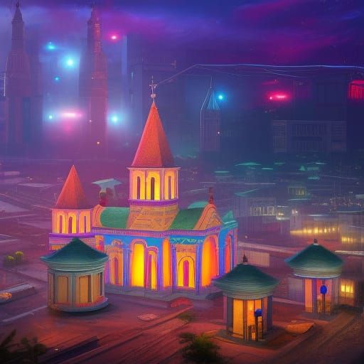 Neon Cityscape Surrounds Ethiopian Orthodox Church