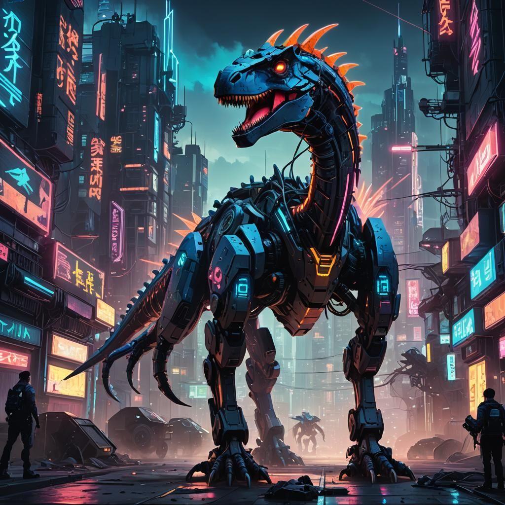 Cyberpunk Dinosaur with Mecha Arms in Neon City