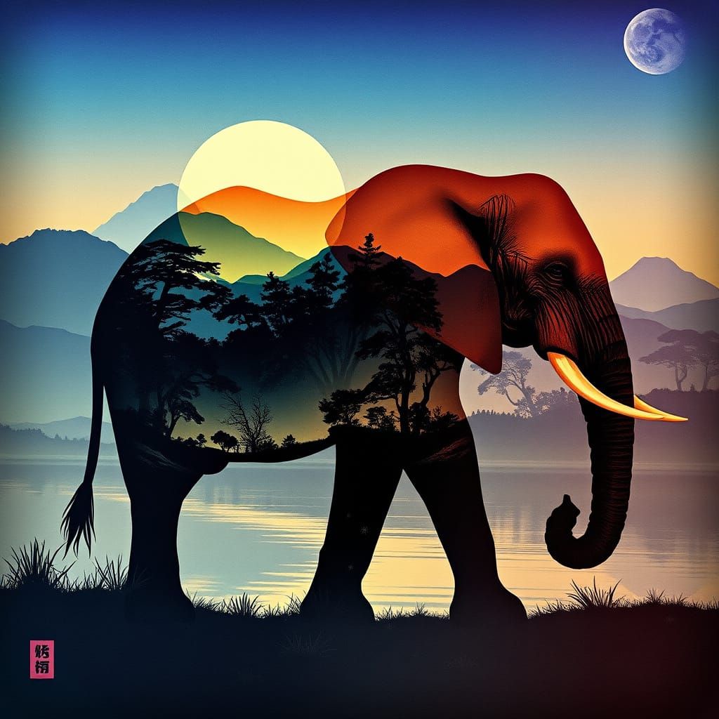 "Create a layered, double-exposure style artwork where the silhouette of a majestic Elephant middle ground, The outline ...