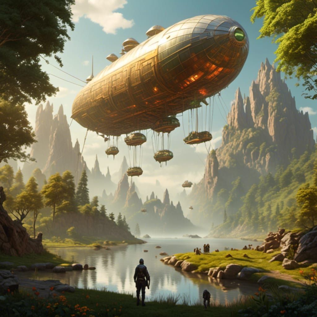 Levitating Airships by Green Shore in Amber Sunlight