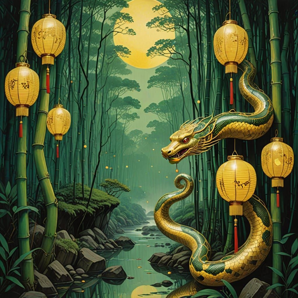 Ethereal Serpent Coiled Around Ancient Chinese Lantern