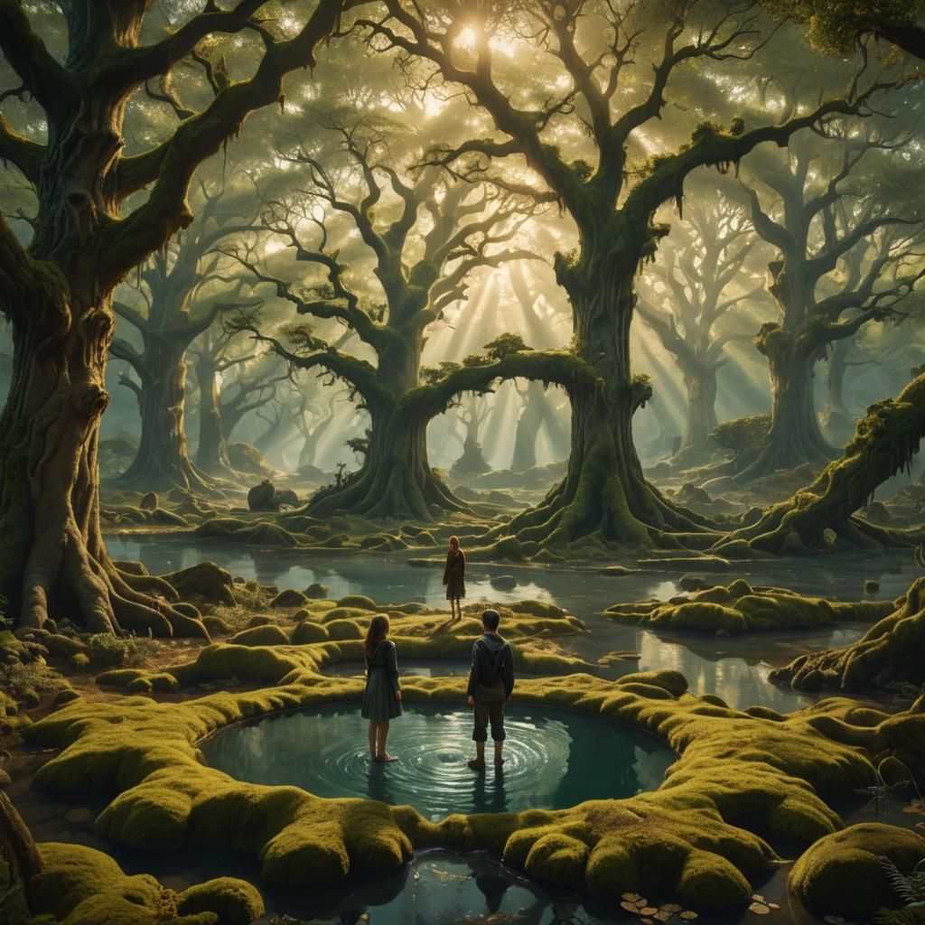 Children in Sunlit Forest Pools: Digital Matte Painting