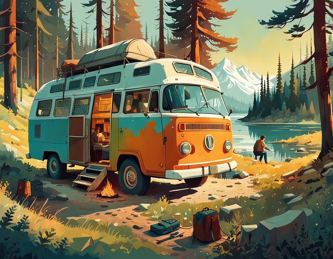 Camping Scene with Bears in Watercolor Style