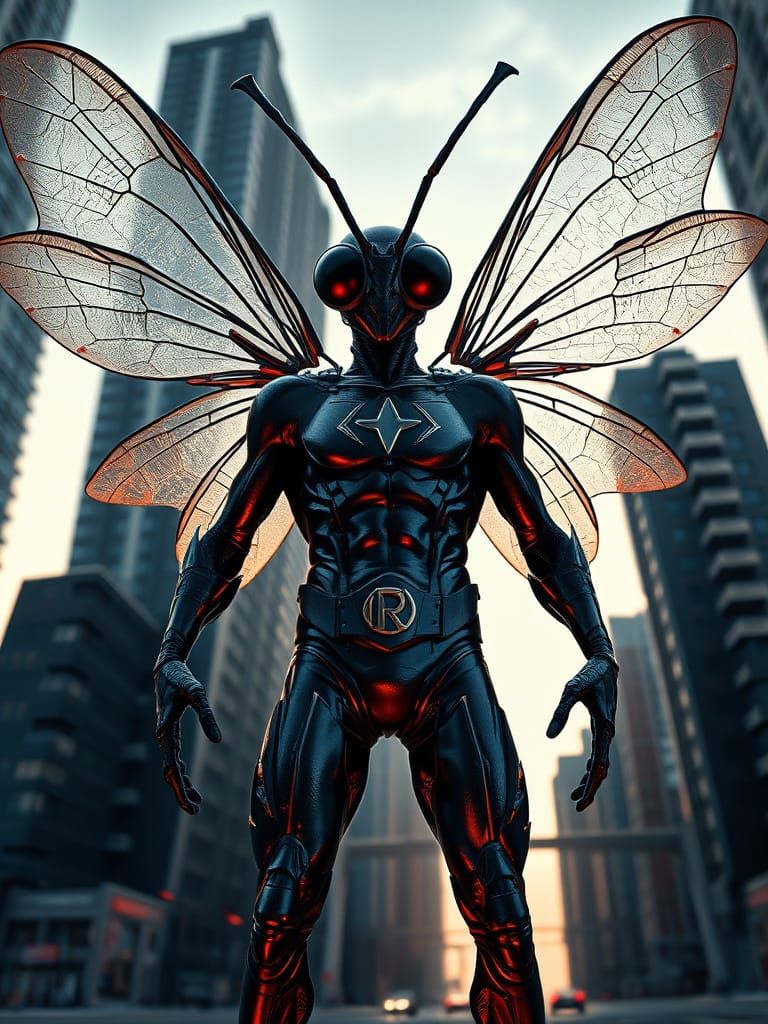 Insectoid Hero in a Surreal Cityscape