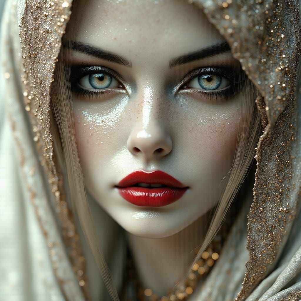 Elegant Woman Portrait with Platinum Hair and Red Lips