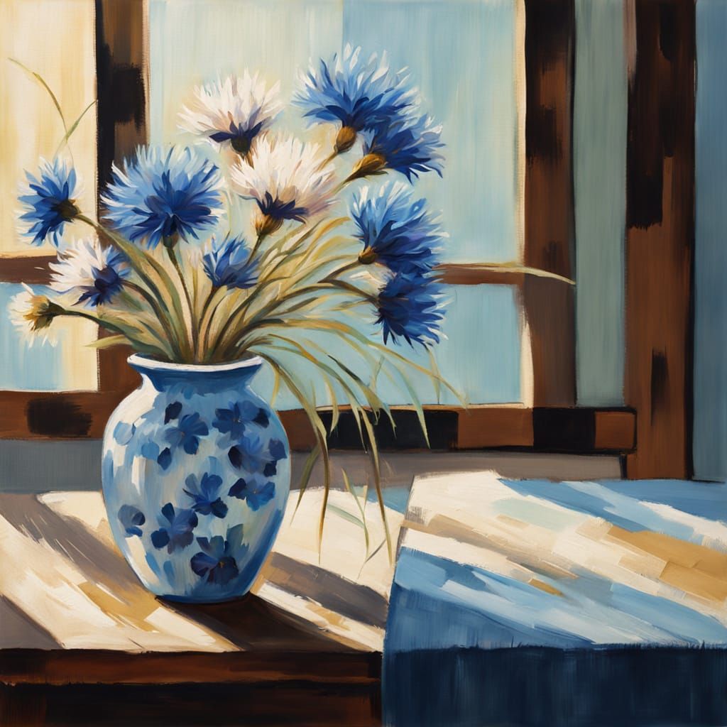 Whimsical Folk Art Vase with Cornflowers in Warm Light