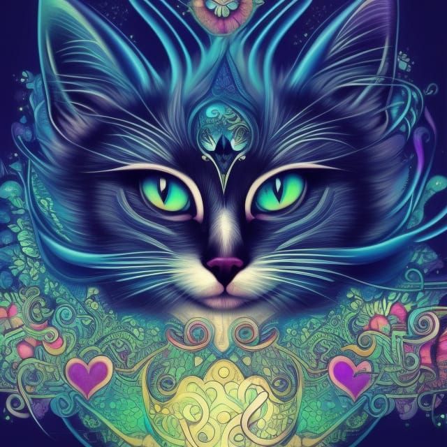 Mystical Cat with Hearts, Psychedelic Vector Art